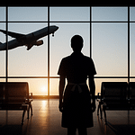 Silhouette of a domestic worker in uniform standing in an empty airport terminal, watching a plane take off at sunset through large glass windows.