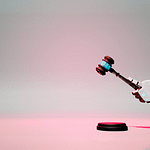 Robot arm holding a glowing gavel over a judge’s block, symbolizing AI in legal decision-making