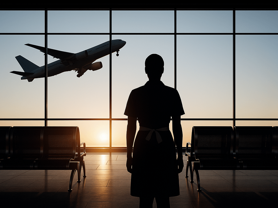 Silhouette of a domestic worker in uniform standing in an empty airport terminal, watching a plane take off at sunset through large glass windows.