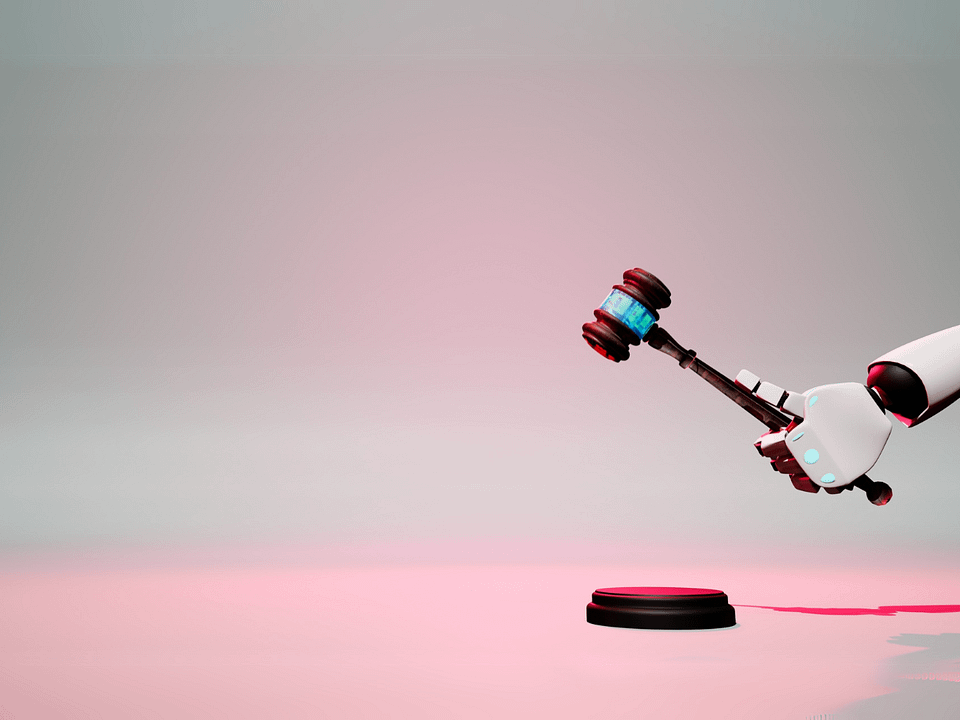 Robot arm holding a glowing gavel over a judge’s block, symbolizing AI in legal decision-making